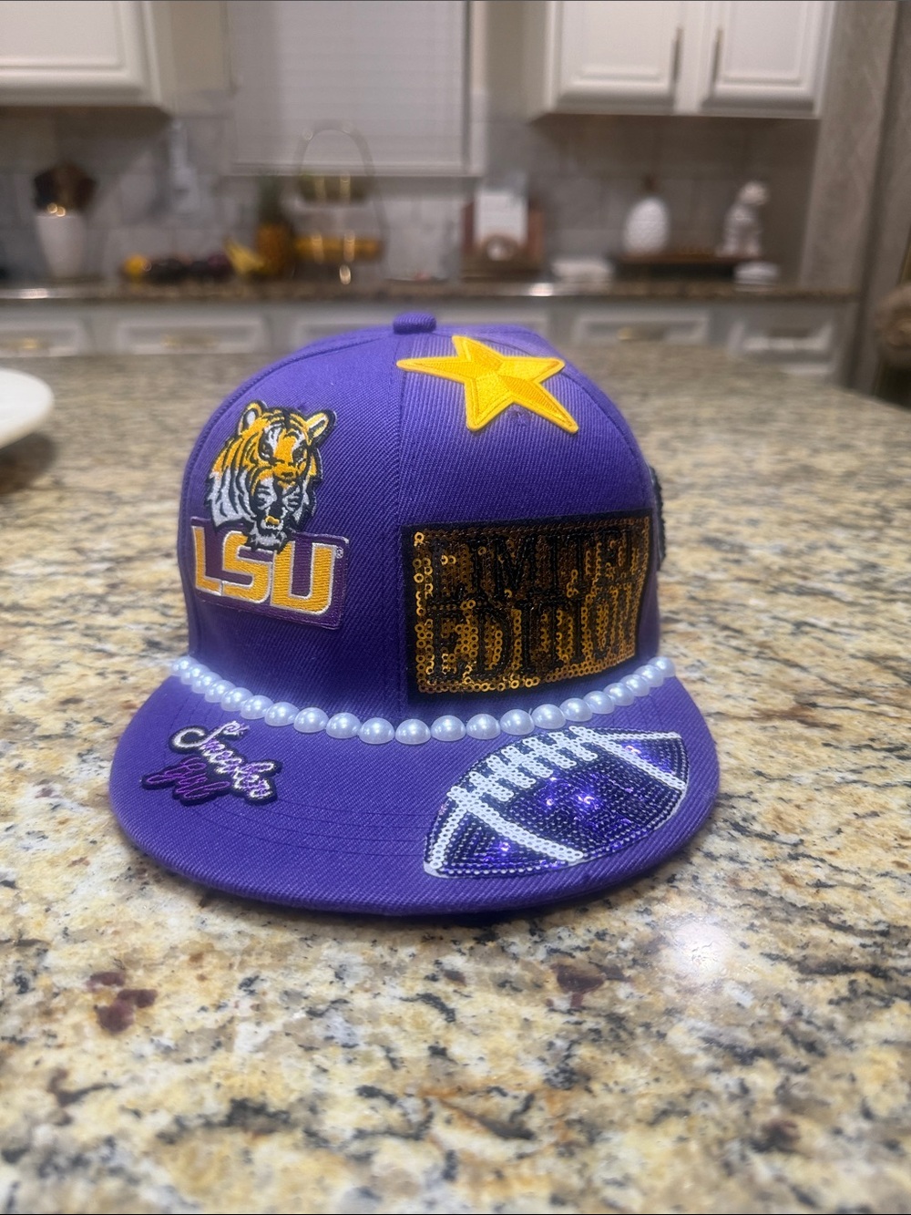 Purple Sequin Football Cap with Pearls